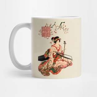 Geisha playing music under sakura Japanese art Mug